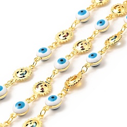 Deep Sky Blue Enamel Evil Eye & Sun Link Chains, with Real 18K Gold Plated Brass Findings, Soldered, with Spools, Deep Sky Blue, 12x6.5x5mm, 14x8x3mm