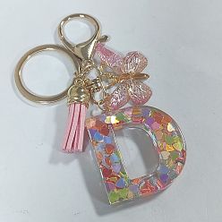 Letter D Porte-clés en acrylique et résine, avec panicule, anneaux d'alliage, papillon, lettre d, 10 cm, pendentif: 23~41 mm