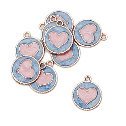 Pink Alloy Enamel Pendants, Golden, Flat Round with Heart, Pink, 18x16mm