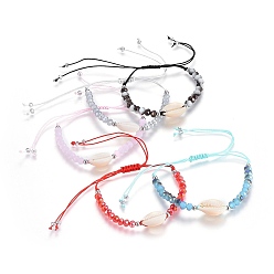 Mixed Color Nylon Cord Braided Bead Bracelets, with Electroplate Glass Faceted Rondelle Beads and Shell, Platinum, Mixed Color, 1-3/4 inch(4.5cm)~4-1/4 inch(10.8cm)