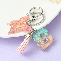 Letter B Resin & Acrylic Keychains, with Alloy Split Key Rings and Faux Suede Tassel Pendants, Letter & Butterfly, Letter B, 8.6cm