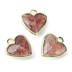 Strawberry Quartz Natural Red Strawberry Quartz Pendants, Faceted Heart Charms, with Rack Plating Light Gold Plated Brass Edge, 23x20x7mm, Hole: 4x4mm