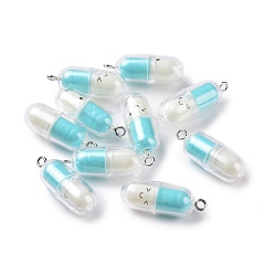 Light Blue Translucent Plastic Pendants, Pill Capsule Charm, with Platinum Tone Iron Loops, Light Blue, 29x10.5mm, Hole: 2mm