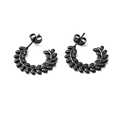 Electrophoresis Black 304 серьги-гвоздики из нержавеющей стали с оливковыми листьями, полукруглые серьги для женщин, ионное покрытие (ip), электрофорез черный, 22x25x2 мм, штифты : 0.8 мм