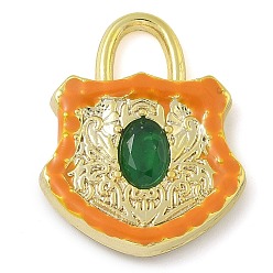 Оранжевый Стеклянные подвески из латуни с покрытием стойки, с эмалью, долговечный, без свинца и без кадмия, реальный 18 k позолоченный, запирать, оранжевые, 22x17.5x4 мм, отверстие : 4x4.5 мм