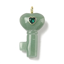 Зеленый Авантюрин Естественный зеленый авантюрин подвески, Подвески в виде сердечек с ключиками, украшенные латунными фианитами., золотые, 46.5~48x22~23.5x11.5~13.5 мм, отверстие : 4 мм