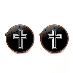 Red Copper Alloy Cufflinks, Flat Round with Cross, Red Copper, 18x17mm