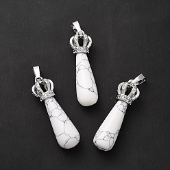 Howlite Natural Howlite Pendants, Teardrop Charms, with Brass Crystal Rhinestone Crown Findings, Platinum, Cadmium Free & Lead Free, 36~39x9.5~11mm, Hole: 5x8mm