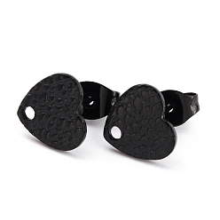Electrophoresis Black 304 Stainless Steel Stud Earring Findings, with Ear Nuts/Earring Backs and Hole, Textured Heart Shape with Fish Scale, Ion Plating(IP), Electrophoresis Black, 8.4x9mm, Pin: 0.8mm