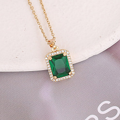 Green Square Green Gemstone Pendant with Copper and Zircon Inlay, Elegant Necklace Set, Green, 400mm
