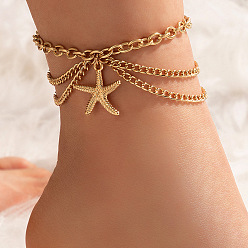 Starfish Golden Alloy Chains Multi-layer Anklets, with Charms, Starfish, 9-1/4 inch(23.5cm)