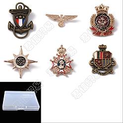 Mixed Color 6Pcs 6 Style Anchor & Eagle & Crown & Star Enamel Pins, Zinc Alloy Badge Medal for Men, Mixed Color, 24~46.5x26~60x2~3.5mm, Pin: 0.7mm, 1Pc/style