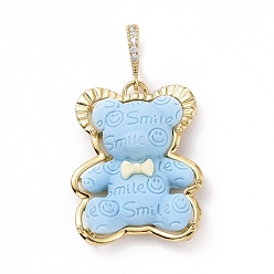 Light Sky Blue Opaque Resin Pendants, Bear with Word Smile Charm, with Brass Micro Pave Clear Cubic Zirconia, Cadmium Free & Lead Free, Real 18K Gold Plated, Light Sky Blue, 31x25x8mm, Hole: 4.5x7mm