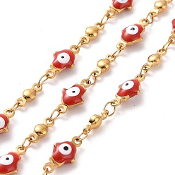 Red Enamel Hamsa Hand with Evil Eye Link Chains, with Ion Plating(IP) 304 Stainless Steel Findings, Golden, Unwelded, with Spool, Red, 11.5x5.5x3mm, 8x3x2mm