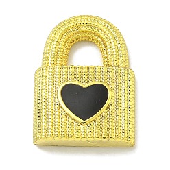 Черный Подвески из латуни с эмалью в стойку, долговечный, без свинца и без кадмия, замок с сердечками, реальный 18 k позолоченный, чёрные, 17x12x4 мм, отверстие : 4.5x4.5 мм