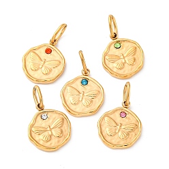 (52) Непрозрачная лаванда 304 из нержавеющей стали горный хрусталь подвески, ионное покрытие (ip), реальный 14 k позолоченный, плоский круглый с подвеской в виде бабочки, разноцветные, 15x12.5x2 мм, отверстие : 5x3.7 мм