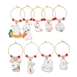 Mixed Color Easter Rabbit Alloy Enamel Wine Glass Charms, with Glass Bead and Brass Wine Glass Charm Rings, Mixed Color, 52~66mm, 9pcs/set