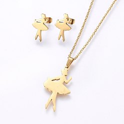 Golden 304 Stainless Steel Jewelry Sets, Stud Earrings and Pendant Necklaces, Dancer, Golden, Necklace: 17.7 inch(45cm), Stud Earrings: 16x10x1.2mm, Pin: 0.8mm