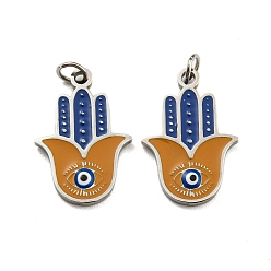 Stainless Steel Color 304 Stainless Steel Pendants, with Enamel and Jump Ring, Hamsa Hand with Evil Eye Charm, Stainless Steel Color, 17x12x1.5mm, Hole: 2.5mm