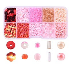 Pink DIY Beads Jewelry Making Finding Kit, Including Glass Pearl & Seed & Bugle & Plastic Paillette Beads, Pink, 3~8x0.2~4mm, Hole: 0.5~1.5mm