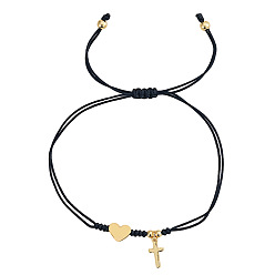 Черный Латунные парные браслеты в форме сердца и креста, двухслойные., Регулируемые браслеты из плетеной нейлоновой нити для женщин и мужчин, чёрные, 11.02 дюйм (28 см)