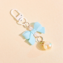 Light Sky Blue Macaron Color Plastic Bowknot and Round Pendant Keychain, with Clasp, Light Sky Blue, 90mm