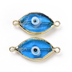 Deep Sky Blue Handmade Horse Eye Evil Eye Lampwork Links Connectors, with Golden Tone Brass Finding, Long-Lasting Plated, Cadmium Free & Lead Free, Deep Sky Blue, 14x28x5mm, Hole: 1.8mm