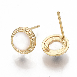 Real 18K Gold Plated Brass Earring Findings, with Shell and Loop, Flat Round, Nickel Free, Real 18K Gold Plated, 9mm, Hole: 0.9mm, Pin: 0.8mm