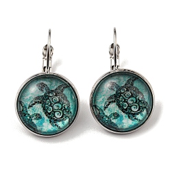 Turquoise Tortoise Glass Leverback Earrings with Brass Earring Pins, Turquoise, 29mm