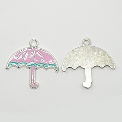 Pink Alloy Enamel Pendants, Lead Free and Cadmium Free, Christmas Umbrella, Platinum, Pink, 26x28x3mm, Hole: 2mm