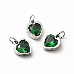 Green 304 Stainless Steel Pendants, with Cubic Zirconia and Jump Rings, Single Stone Charms, Heart, Stainless Steel Color, Green, 9x8x3mm, Hole: 3.6mm