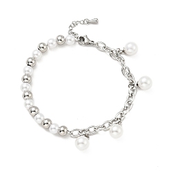 Stainless Steel Color Plastic Pearl Charm Bracelet with 304 Stainless Steel Curb Chains for Women, Stainless Steel Color, 7-1/2 inch(19cm)