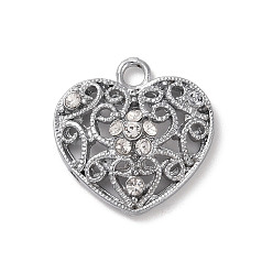 Platinum Alloy Pendants, with Glass Rhinestone, Heart, Platinum, 22x21x7mm, Hole: 2.5mm