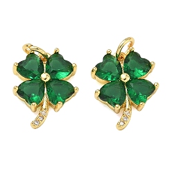 Green Brass Micro Pave Cubic Zirconia with Glass Pendants, Clover Charms, Rack Plating, Long-Lasting Plated, Cadmium Free & Lead Free, Golden, Green, 15.5x12x3.5mm, Hole: 3mm