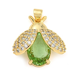 Зеленый Покрытие стойки латунь микропаве прозрачные подвески из кубического циркония, со стеклом, долговечный, без кадмия и без свинца, прелести божьей коровки, зелёные, 23x22.5x9.5 мм, отверстие : 4x3.5 мм