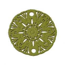 Olive 430 Stainless Steel Connector Charms, Etched Metal Embellishments, Flat Round with Flower Links, Olive, 18.5x0.5mm, Hole: 1.8mm