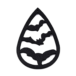 Bat Halloween Theme Imitation Leather Pendants, Teardrop, Black, Bat Pattern, 52~55x33~34x1~2mm, Hole: 1.4~1.5mm