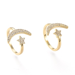 Real 18K Gold Plated Brass Micro Pave Clear Cubic Zirconia Cuff Rings, Open Rings, Long-Lasting Plated, Star with Moon, Real 18K Gold Plated, Size 7, Inner Diameter: 17mm
