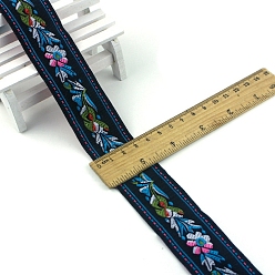 Prussian Blue Flat Ethnic Style Embroidery Polyester Ribbons, Jacquard Ribbon, Garment Accessories, Prussian Blue, 1-1/4 inch(33mm), about 7.66 Yards(7m)/pc