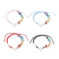 Mixed Color Natural Mixed Stone & Freshwater Pearl Braided Bead Bracelets, Brass Heart Link Bracelet for Men Women, Mixed Color, Inner Diameter: 2~3-5/8 inch(5.1~9.1cm)