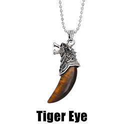 Tiger Eye Vintage Wolf Fang Pendant Men's Necklace with Crystal Agate Accents - NKB607