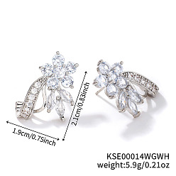 Кристалл Элегантные серьги-гвоздики в форме листьев со стразами из латуни, с тонким дизайном и сверкающими деталями, платина, кристалл, 21x19 мм
