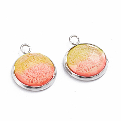 Colorful Printed Resin Pendants, with 304 Stainlesss Steel Settings, Half Round, Faceted, Sea Coral Pattern, Stainless Steel Color, Colorful, 19.5x16x4.5mm, Hole: 2.4mm