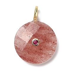 Клубничный Кварц Граненые подвески из натурального клубничного кварца, плоские круглые прелести, с покрытием из золотистой латуни с микропаве из кубических цирконий, 32.5~33x25~25.5x7~7.5 мм, отверстие : 4 мм