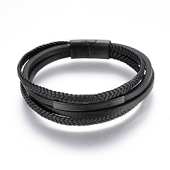 Gunmetal Braided Microfiber PU Leather Cord Multi-strand Bracelets, with 304 Stainless Steel Magnetic Clasps, Gunmetal, 8-1/4 inch(21cm), 4~5mm