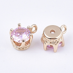 Pearl Pink Transparent Glass Charms, with Brass Findings, Faceted, Crown, Light Gold, Pearl Pink, 8.5x6x5mm, Hole: 1mm
