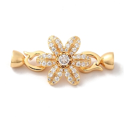 Real 18K Gold Plated Brass Pave Clear Cubic Zirconia Fold Over Clasps, Flower, Real 18K Gold Plated, Flower: 17.5x16x7mm, Hole: 5.6x4mm, Claps: 12x6.5x5.5mm, Inner Diameter: 1.4x3.4mm