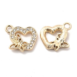 Golden UV Plating Alloy Pendants, with Crystal Rhinestone, Heart with Butterfly Charms, Golden, 17.5x16.5x3mm, Hole: 2.6mm