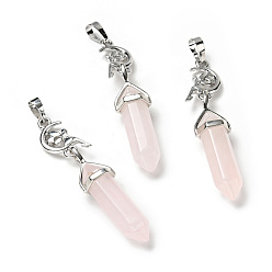 Rose Quartz Natural Rose Quartz Double Terminated Pointed Big Pendants, with Platinum Tone Brass Findings, Cadmium Free & Lead Free, Moon with Fairy & Bullet, Faceted, 62~66mm