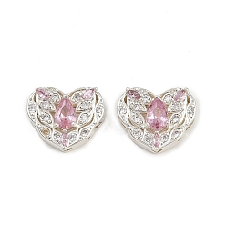 Pink Многожильные звенья из латуни с паве из кубического циркония, долговечный, сердце, серебряный цвет гальваническим, розовые, 12x14.5x6 мм, отверстие : 1.8 мм